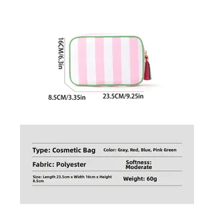 Detail view of pink striped makeup bag with tassel charm and product dimensions