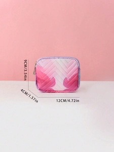 Detail showing 12x9x4cm dimensions of a quilted heart pattern makeup bag with silver zipper