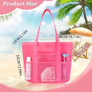 Mesh beach bag size guide with 46cm length in rose pink color for outdoor travel