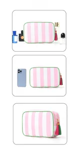 Detail of striped travel wash bag featuring green trim and decorative pink tassel zip