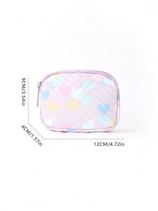 Detailed view of pink quilted coin purse with colorful hearts and dimensions 12x9x4cm