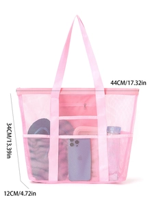 Pink mesh beach bag detail showing multiple pockets and dimensions 44x34x12CM