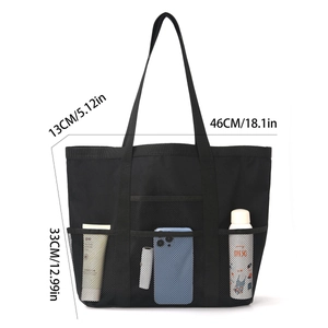 Black large mesh beach bag with pockets for storage, sized 46x33x13cm for shower or gym