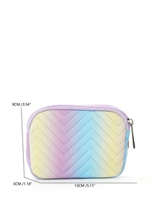 Detailed size chart showing the dimensions of the rainbow gradient quilted makeup bag