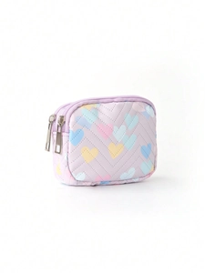 Detail of purple quilted makeup bag with colorful heart patterns and double zippers