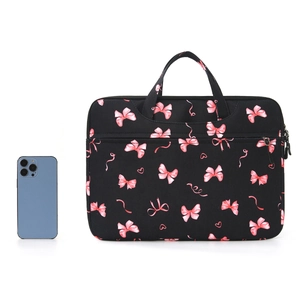 Portable laptop sleeve with black fabric and pink bow prints featuring top handles