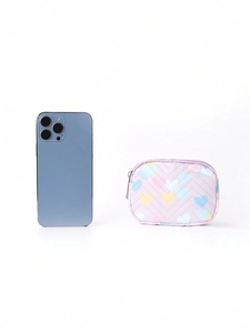 Quilted purple pouch with colorful hearts shown next to a phone for size comparison