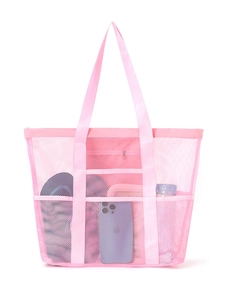 Pink mesh beach bag with multi-functional pockets showing organized large capacity storage