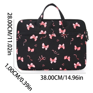Portable laptop sleeve bag with pink bow pattern and dual zippers, size 38x28cm