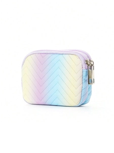 Detail of colorful rainbow gradient makeup bag with double zippers and V-shaped stitching