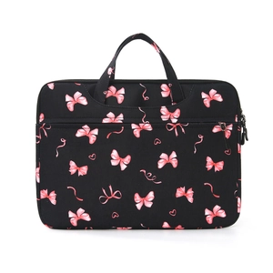 Pink bow pattern black laptop sleeve bag with double handles and front pocket