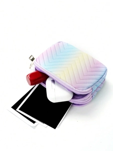 Mini quilted rainbow pouch showing storage for lipstick, earphones, and cards