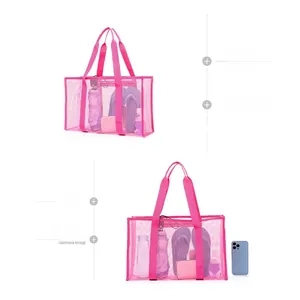 Detail showing high-capacity mesh beach tote bag with sandals and water bottle inside