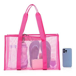 Rose pink large mesh beach tote bag with transparent design for gym and shopping