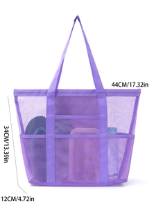 Large purple mesh beach bag with dimensions 44x34x12cm showing multiple storage pockets