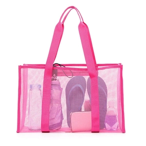 Minimalist transparent rose pink mesh beach tote bag with large storage capacity
