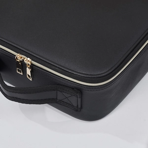 Large capacity makeup case with adjustable dividers and black cross-grain texture fabric