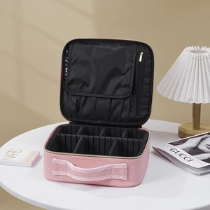 Pink portable makeup case with adjustable dividers and mirror, high-capacity PU vanity bag