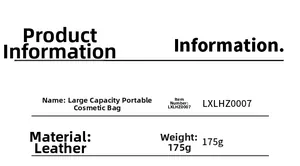 Detailed product specifications for the portable leather makeup bag weighing 175g