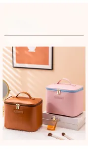Detail of high-capacity makeup bags with lychee pattern PU leather and wide handles