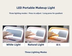 Detail of LED makeup case showing three lighting modes from white to warm light colors