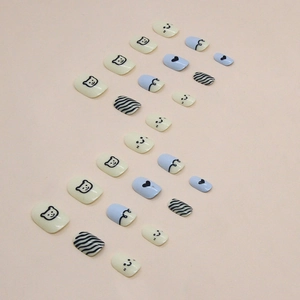 Cute bear and smiley face press-on nails set for kids in light blue and yellow colors