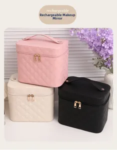 Diamond quilted makeup cases with rechargeable mirrors in pink, beige, and black colors