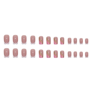 Unghie finte quadrate medie color rosa rosa con punte French bianche e foglia d'oro