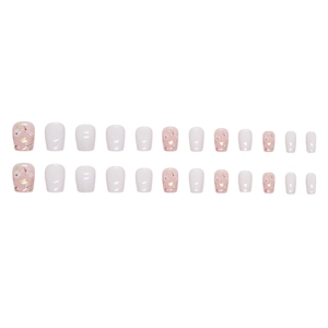 Short square press-on nails with sweet floral patterns and pink milk white finish