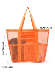 Mesh beach bag detail with multi-pocket design and dimensions 44x34x12cm for storage