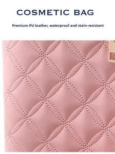 Close-up of pink PU leather cosmetic bag with waterproof diamond quilted texture