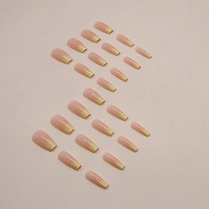 Pink and warm yellow gradient glitter press-on nails set with long trapezoid shape