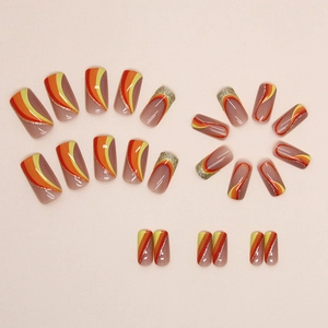 Französische Retro-Glitzernägel zum Aufkleben mit Wellenmuster in Orange und Gelb