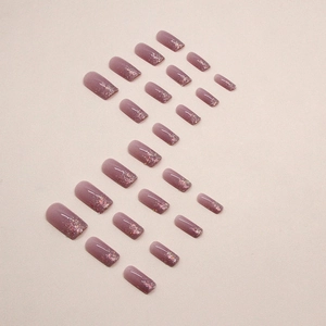 Pink purple gradient press-on nails with glitter finish and medium-long square shape