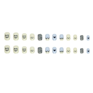 Cute bear and smiley face press-on nail set in beige and light blue for kids
