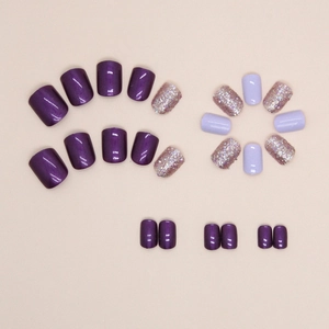 Sparkling aurora purple and champagne gold short square press-on nail set on beige background
