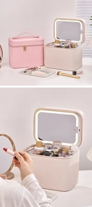 Detail of LED makeup case showing touch switch mirror and woven leather texture
