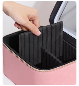 Mallette à maquillage en cuir PU rose avec séparateurs réglables et miroir de maquillage
