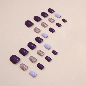Sparkling short square press-on nails in aurora purple and iridescent glitter finish