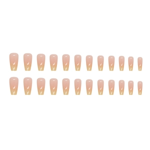 Minimalist gradient glitter press-on nails in pink to yellow with white wave patterns