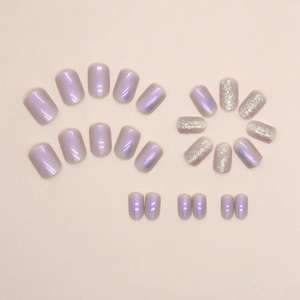 Short aurora purple press-on nails set with pearlescent finish and holographic glitter