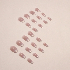 Short ballet coffin fake nails with nude pink gradient and silver metallic French tips