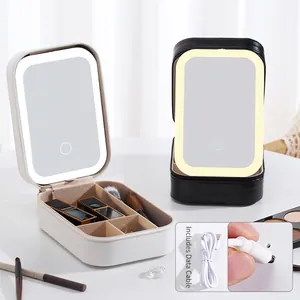 Maletín de maquillaje LED con espejo, compartimentos y cable de carga USB incluido