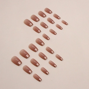 Short ballet rose gold French tip press on nails with soft nude brown gradient finish