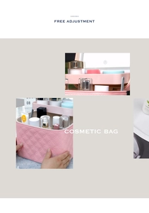 Detail of pink quilted LED makeup case with adjustable light mirror and compartments