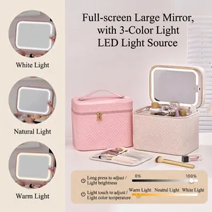 Portable Makeup Case With LED Light Mirror Woven PU Leather Large Capacity Travel Cosmetic Bag Professional Organizer