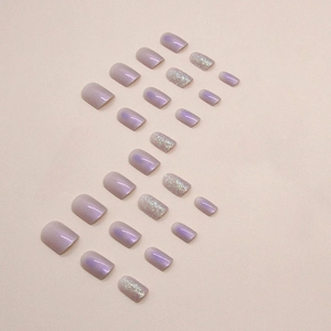 Short aurora purple gradient press-on nails with silver glitter and square-oval shape