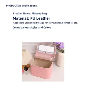Macro detail of pink quilted PU leather makeup case with integrated LED light mirror