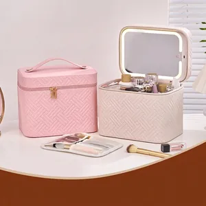 Portable woven leather makeup case with LED lighted mirror and large storage capacity