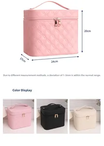 Detailed view of the 24x17x20cm LED makeup case in pink, black, and beige PU leather